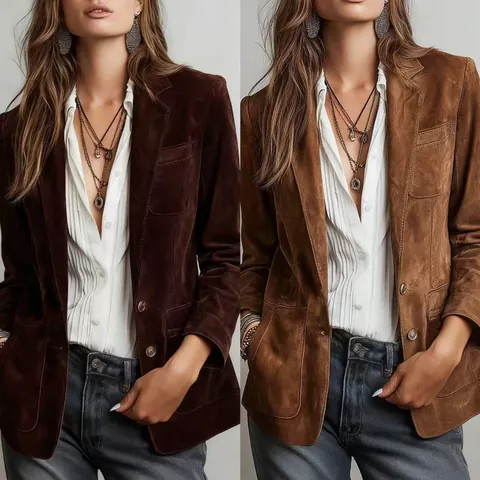 Women Elegant Suede Blazer Jacket Solid Color Lapel Single Breasted Fall Fashion Coat With Pockets Office Lady Outwear