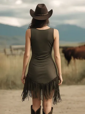 Damen Westlicher Stil Tiefer V-Ausschnitt Spaghettiträger Fransen Raffungen Slim Fit Minikleid Sexy Böhmisches Polyester Partykleid
