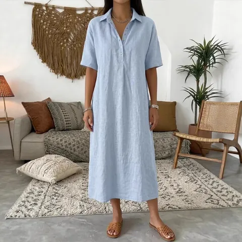 Women Elegant Linen Polo Neck Short Sleeve Maxi Dress Casual Straight Solid Color Button Front Woven Breathable Dress
