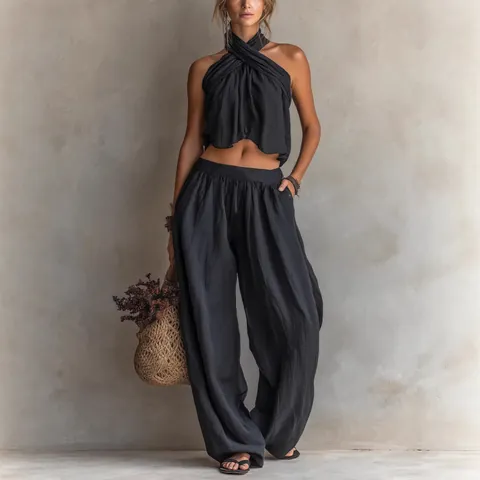 Conjunto de Dos Piezas para Mujer Crop Top Cruzado al Cuello y Pantalones de Pata Ancha Mezcla de Lino Ropa de Vacaciones Verano Casual