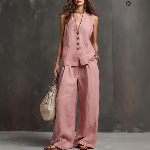 Completo 2 Pezzi Donna Gilet Senza Maniche in Lino e Pantaloni a Gamba Larga Stile Casual Estate Top And Bottom Tinta Unita