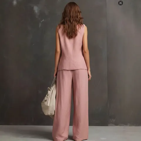 Completo 2 Pezzi Donna Gilet Senza Maniche in Lino e Pantaloni a Gamba Larga Stile Casual Estate Top And Bottom Tinta Unita