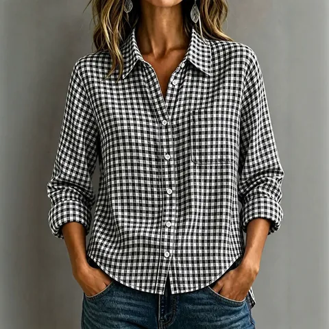 Women Gingham Plaid Shirt Polyester Spandex Long Sleeve Lapel Collar Loose Fit Button Down Casual Top With Chest Pocket