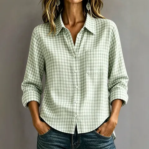 Women Gingham Plaid Shirt Polyester Spandex Long Sleeve Lapel Collar Loose Fit Button Down Casual Top With Chest Pocket