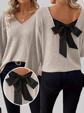 Suéter de Mujer Cuello en V Color Sólido Otoño Manga Larga Casual Holgado Espalda Descubierta Lazo Grande Top de Punto