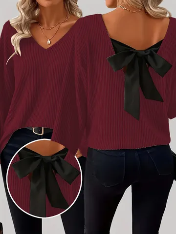 Suéter de Mujer Cuello en V Color Sólido Otoño Manga Larga Casual Holgado Espalda Descubierta Lazo Grande Top de Punto