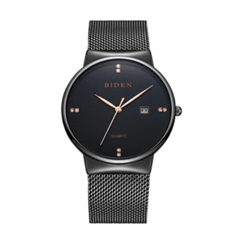 BIDEN Mode Quartz Horloge Met Strass Indexen Roestvrij Stalen Mesh Band Kalender Waterdicht Analoog Polshorloge