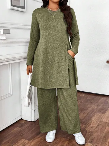 Women Casual Long Sleeve Top And Bottom Outfit Polyester Solid Color Loose Fit Loungewear Side Split Pants Tracksuit