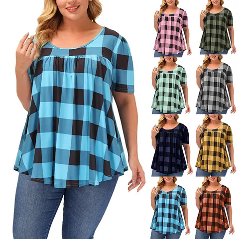 T-shirt Décontracté à Carreaux pour Femmes Col Rond Manches Courtes Top Babydoll Ample Grande Taille Imprimé Polyester Chemisier d'Été