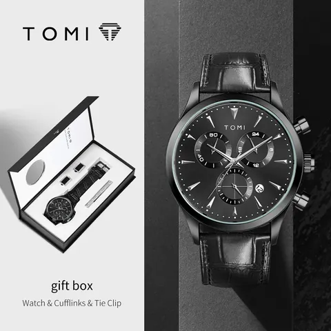 Men Business Quartz Watch Gift Box Set Fashion Leather Strap Watch With Cufflinks And Tie Clip For Professional Formal Occasions