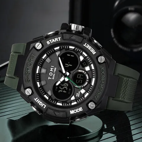 TOMI Double Affichage Montre de Sport pour Homme Multifonctionnelle Lumineuse Électronique Étanche Mode Quartz Numérique