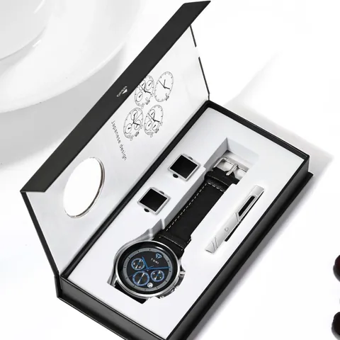 Coffret Montre Business pour Hommes TOMI Montre à Quartz Avec Boutons de Manchette Et Pince à Cravate Bracelet en Similicuir Boîtier en Alliage