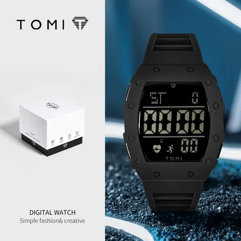 TOMI Herren Sport Digitaluhr Großes Display Chronograph Hintergrundbeleuchtung Datum Alarm Tonneau Form PU Armband Mode Armbanduhr