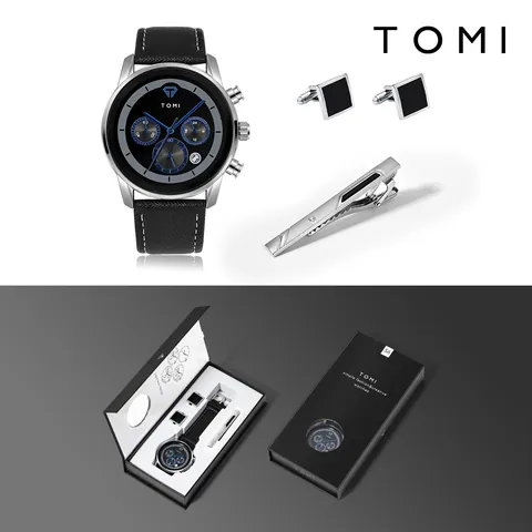 Juego de Reloj de Negocios para Hombre TOMI Reloj de Cuarzo Con Gemelos Y Pasador de Corbata Correa de Cuero Sintético Caja de Aleación