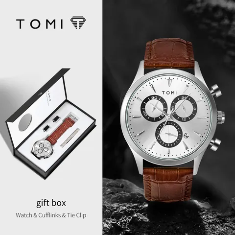 Ensemble Boîte Cadeau Montre à Quartz Affaires Homme Montre Bracelet en Cuir Tendance Avec Boutons de Manchette et Pince à Cravate
