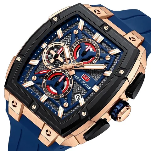 MINI FOCUS Reloj de Moda para Hombre Tonneau Deporte Aire Libre Reloj de Cuarzo Esfera de Esqueleto Correa de Silicona Impermeable Luminoso Cronógrafo Reloj de Pulsera para Hombre