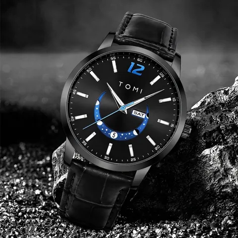TOMI Men Quartz Watch Fashion Korean Round Calendar Moon Phase Minimalist Leather Strap Casual Business Wristwatch