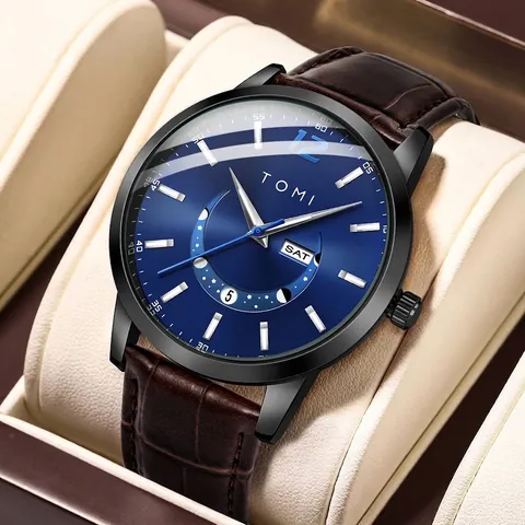 TOMI Men Quartz Watch Fashion Korean Round Calendar Moon Phase Minimalist Leather Strap Casual Business Wristwatch