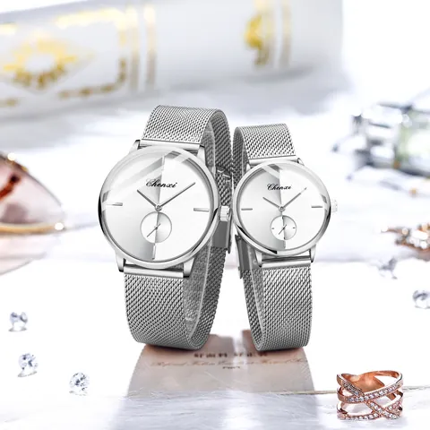 Chenxi Montre à Quartz pour Couples Bracelet en Maille d'Acier Inoxydable Boîtier en Alliage Mince Étanche Mode Minimaliste CX-061