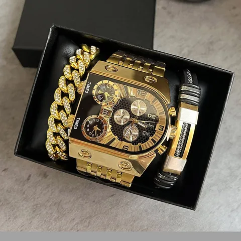 Montre à Quartz Oulm pour Homme Multi Fuseaux Horaires Grand Cadran Carré Bracelet en Alliage d'Acier Inoxydable Lumineuse Avec Bracelet Collier