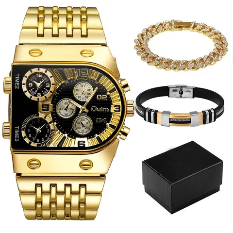 Montre à Quartz Oulm pour Homme Multi Fuseaux Horaires Grand Cadran Carré Bracelet en Alliage d'Acier Inoxydable Lumineuse Avec Bracelet Collier