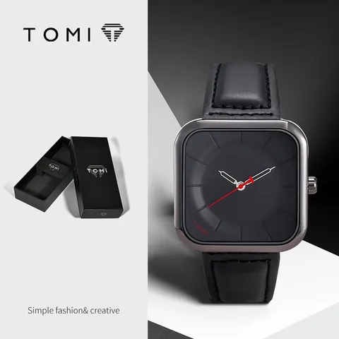Montre à Quartz Carrée Minimaliste TOMI pour Hommes Femmes Boîtier en Alliage Bracelet en Cuir PU Montre-Bracelet de Mode Affaires Coffret Cadeau Inclus
