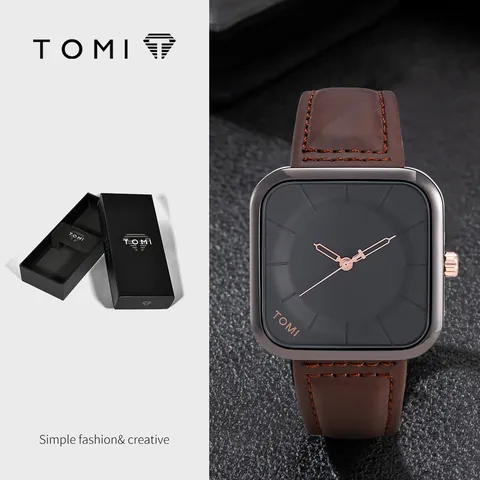 Montre à Quartz Carrée Minimaliste TOMI pour Hommes Femmes Boîtier en Alliage Bracelet en Cuir PU Montre-Bracelet de Mode Affaires Coffret Cadeau Inclus