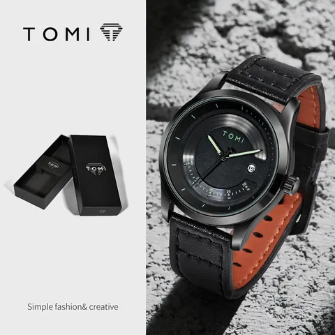TOMI Mode Montre à Quartz pour Hommes Bracelet en Cuir Verre Minéral Calendrier Étanche Business Décontracté avec Boîte Cadeau
