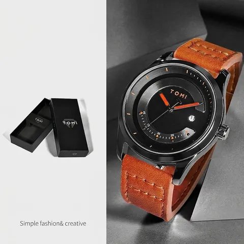TOMI Mode Montre à Quartz pour Hommes Bracelet en Cuir Verre Minéral Calendrier Étanche Business Décontracté avec Boîte Cadeau