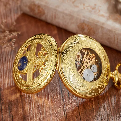 Montre de Gousset Mécanique Squelette Rétro Vintage Or Argent Noir Steampunk Phase de Lune Avec Chaîne Cadeau