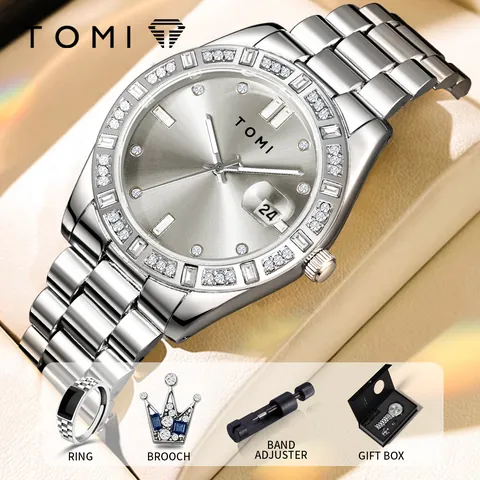 TOMI Men's Business Watch Set Stainless Steel Quartz Calendar Watch Zirconia Inlaid Alloy Ring Crown Brooch Jewelry Gift Box