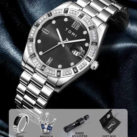 TOMI Men's Business Watch Set Stainless Steel Quartz Calendar Watch Zirconia Inlaid Alloy Ring Crown Brooch Jewelry Gift Box