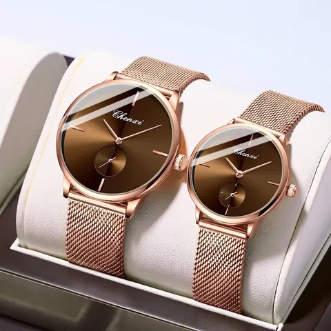 Chenxi Montre à Quartz pour Couples Bracelet en Maille d'Acier Inoxydable Boîtier en Alliage Mince Étanche Mode Minimaliste CX-061