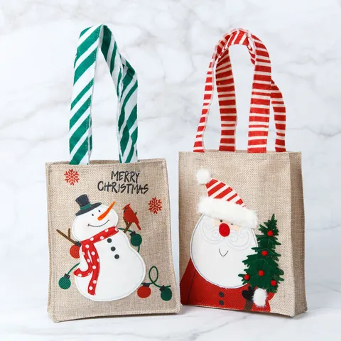 Christmas Burlap Gift Tote Bags Santa Snowman Cartoon Pattern Linen Candy Packaging Bags For Holiday Festival Decoration