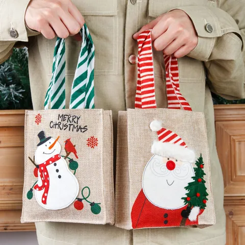 Christmas Burlap Gift Tote Bags Santa Snowman Cartoon Pattern Linen Candy Packaging Bags For Holiday Festival Decoration
