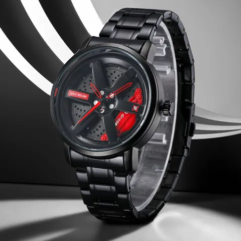 Men Sports Quartz Watch with Rotating Wheel Hub Dial Stainless Steel Band Racing Style Waterproof Male Wristwatch Gift