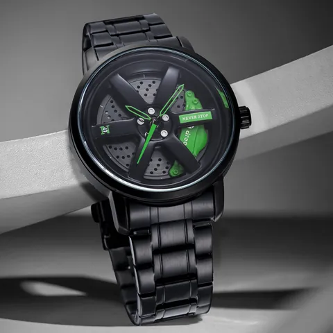 Men Sports Quartz Watch with Rotating Wheel Hub Dial Stainless Steel Band Racing Style Waterproof Male Wristwatch Gift
