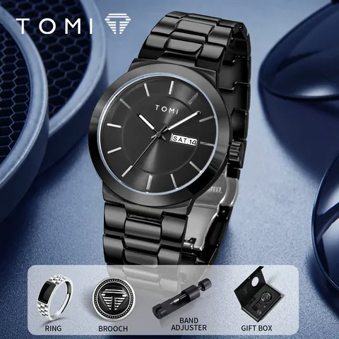 TOMI Men Quartz Watch Gift Box Set Fashion Business Metal Band Wristwatch With Day Date Display Ring Brooch Adjuster Included