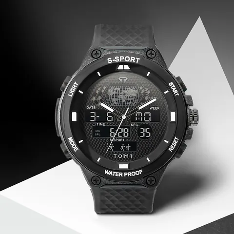 TOMI Men Sport Watch Digital Analog Dual Display Waterproof Creative Student Leisure Watch Plastic PU Strap Luminous Wristwatch