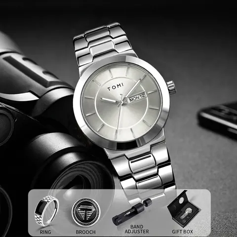 TOMI Men Quartz Watch Gift Box Set Fashion Business Metal Band Wristwatch With Day Date Display Ring Brooch Adjuster Included