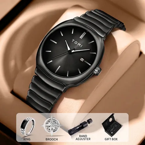 Coffret Cadeau Montre à Quartz Homme Affaires Bracelet Métal Alliage Avec Calendrier Bague Broche Outil de Réglage Boîte Cadeau