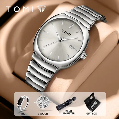 Coffret Cadeau Montre à Quartz Homme Affaires Bracelet Métal Alliage Avec Calendrier Bague Broche Outil de Réglage Boîte Cadeau
