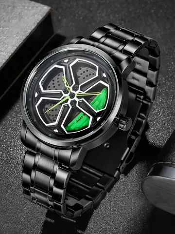 Men's Quartz Watch Car Wheel Hub Design 3D Rotating Dial Stainless Steel Strap Sport Wristwatch With Brake Caliper Detail