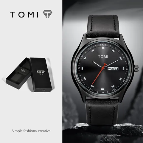 TOMI Montre à Quartz Couple Mode Simple Double Calendrier Bracelet en Cuir Montre-Bracelet Hommes Femmes Affaires Décontracté Imperméable