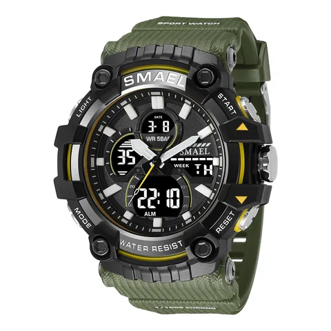 SMAEL Montre Électronique de Sport pour Hommes Double Affichage 50M Étanche Lumineux Alarme Chronomètre Bracelet en PU Montre-Bracelet Robuste