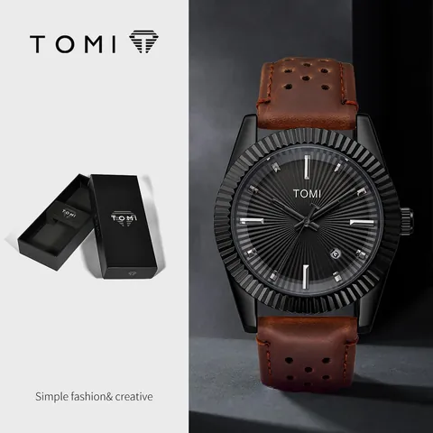 TOMI Montre à Quartz pour Homme Mode Lunette Cannelée Minimaliste Calendrier Cadran Rayon de Soleil Bracelet en Cuir Perforé Avec Boîte Cadeau