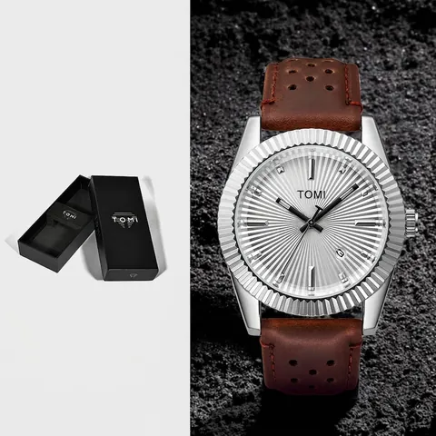 TOMI Montre à Quartz pour Homme Mode Lunette Cannelée Minimaliste Calendrier Cadran Rayon de Soleil Bracelet en Cuir Perforé Avec Boîte Cadeau