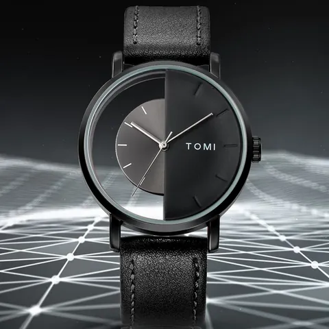 TOMI Hollow Skeleton Transparent Perspective Dial Watch For Men Women Fashion Minimalist Unisex Quartz Wristwatch Artificial Leather Strap