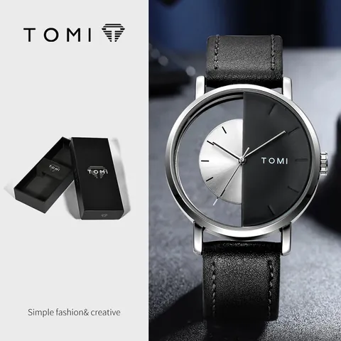 TOMI Hollow Skeleton Transparent Perspective Dial Watch For Men Women Fashion Minimalist Unisex Quartz Wristwatch Artificial Leather Strap