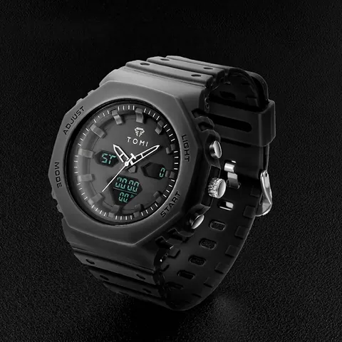 TOMI Herren Sport Elektronische Uhr Leuchtender Kalender 30M Wasserdicht Doppelanzeige Achteck TPU Armband Casual Armbanduhr